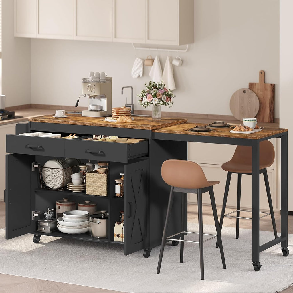 YATINEY Extendable Kitchen Island, Large Mobile Kitchen Storage Island, Rolling Kitchen Cart with Outlets, Island Table for Kitchen, Rustic Brown ZD03UBR