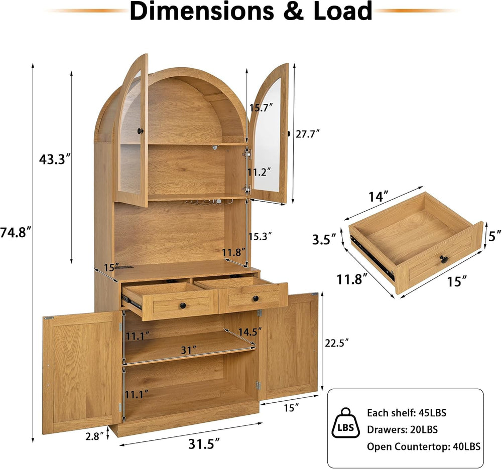 KEIKI 75 Inch Farmhouse Pantry Cabinet with Charging Station, Tall Arched Cof...