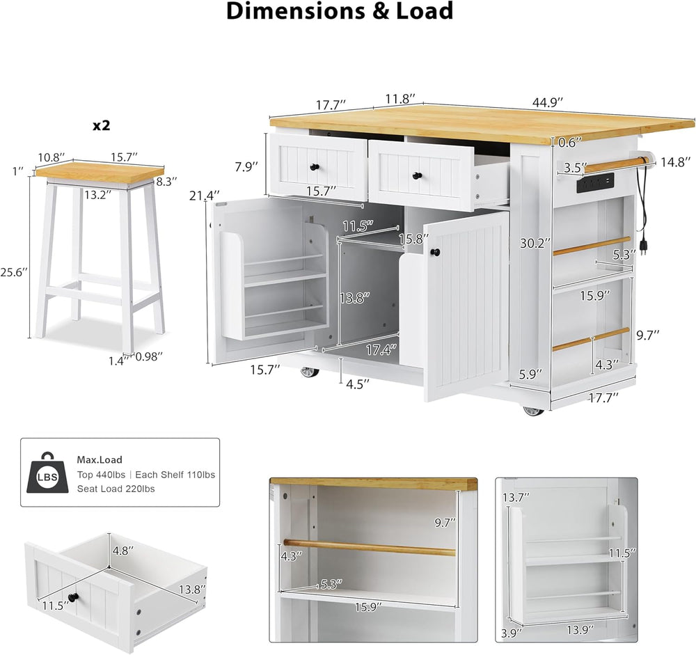 48" Kitchen Island in White with 2 Stools & Power Outlet | Includes ...