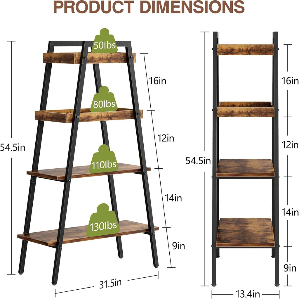 VECELO Ladder Shelf, 4-Tier Bookshelf with Enclosed Edges Design, Wooden Storage Rack Freestanding Bookcase for Living Room Home Office, Brown