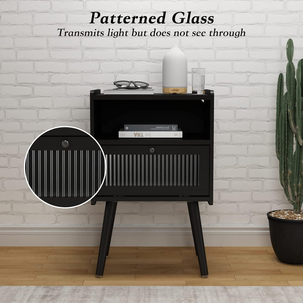 Mid Century Modern Nightstand, Bedside Table with Glass Door, Black | Side Ta...
