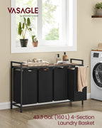 VASAGLE Laundry Hamper, Laundry Basket, Laundry Sorter with 4 Pull-Out and Removable Bags, Shelf, Metal Frame, 4 x 10.6 Gallons (40 L), 45.7 x 13 x 28.4 Inches, Ink Black and Rustic Brown UBLH401B01