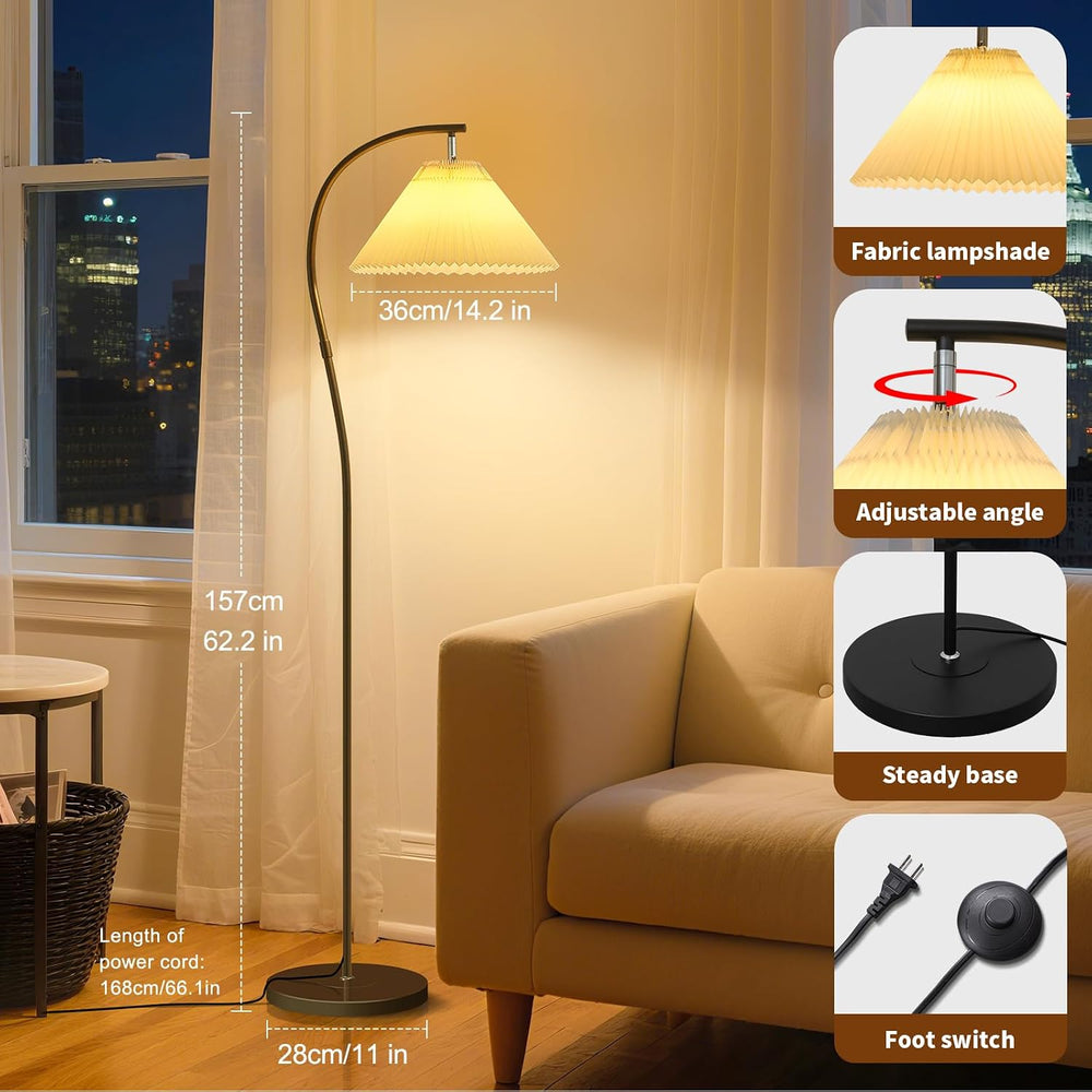 Unique Black Arched Pleated shade Floor Lamp, 12W LED Bulb 3-Color Dimming