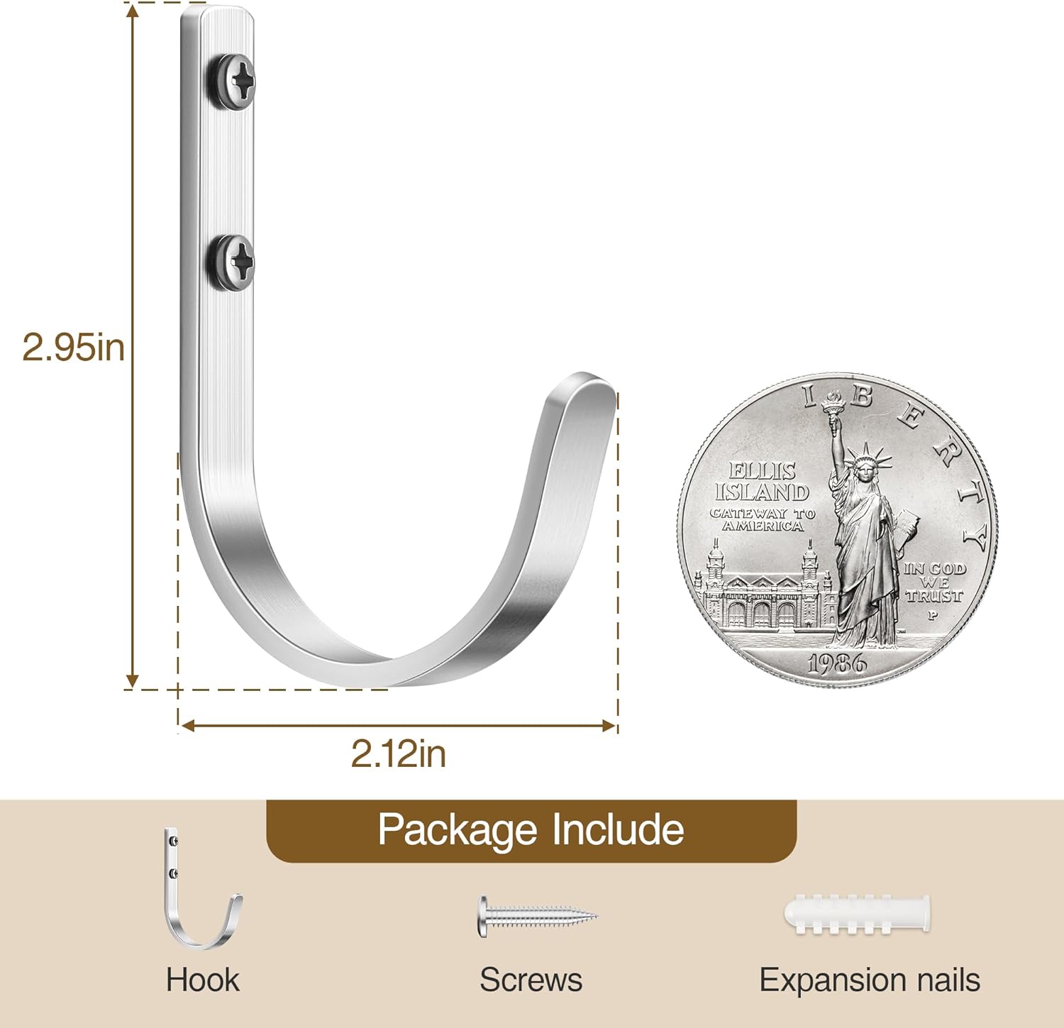 Aluminum Wall Hooks for Hanging Towel/Coat - 22LB Screw in Metal Hanger Wall Mount, for Outdoor, Closet, Door, Bathrooms, for Backpack, Robe, Silver 5 Pack