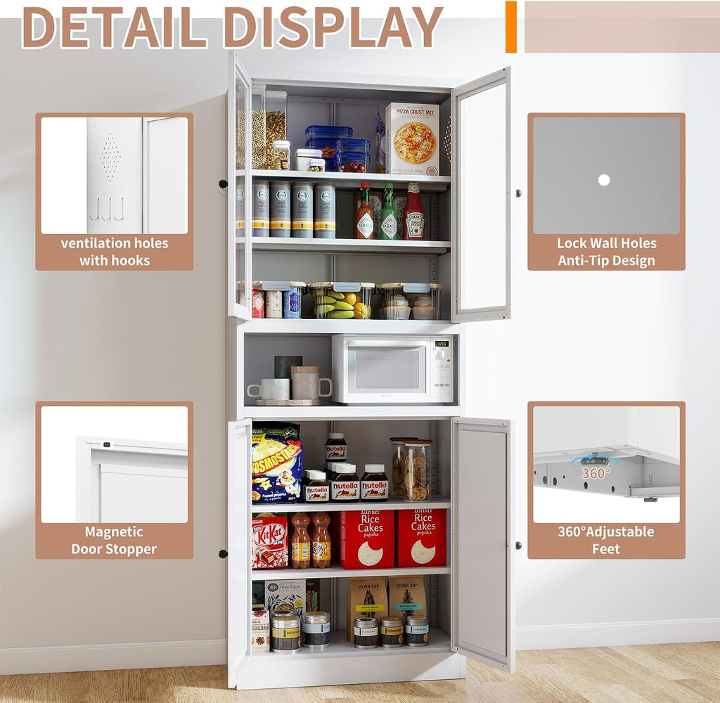 Kitchen Pantry Cabinet, 72" Tall Storage with Adjustable Shelves, Heavy Duty Stainless Steel Frame, Freestanding Cabinet for Kitchen/Pantry/Bathroom
