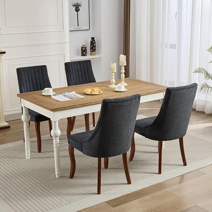 Dining Chairs Set of 8,Comfy Fabric Upholstered Chairs for Kitchen Living Room,Channel Tufted Dining Room Chairs with Curved Solid Wood Legs(Black,8 Pcs)