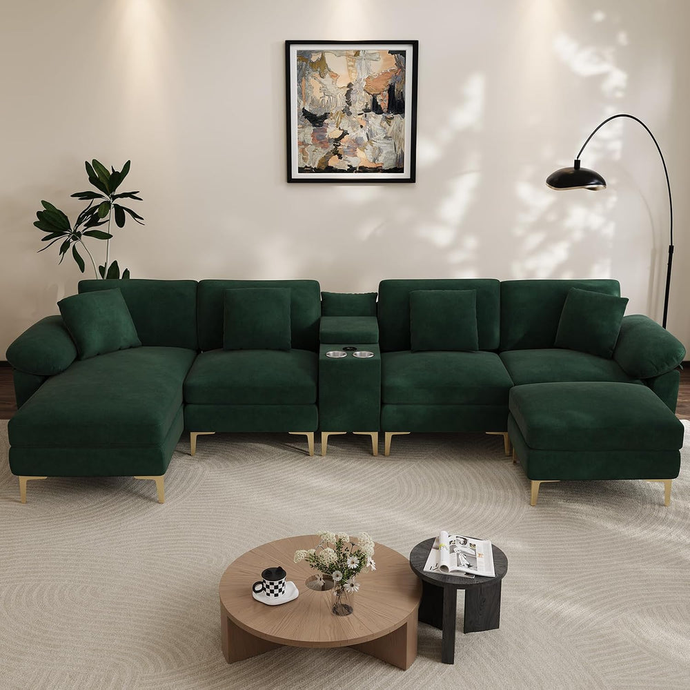 Wrofly 128" U-Shaped Sectional Sofa w/USB, Cup Holders & Ottoman, Gr...