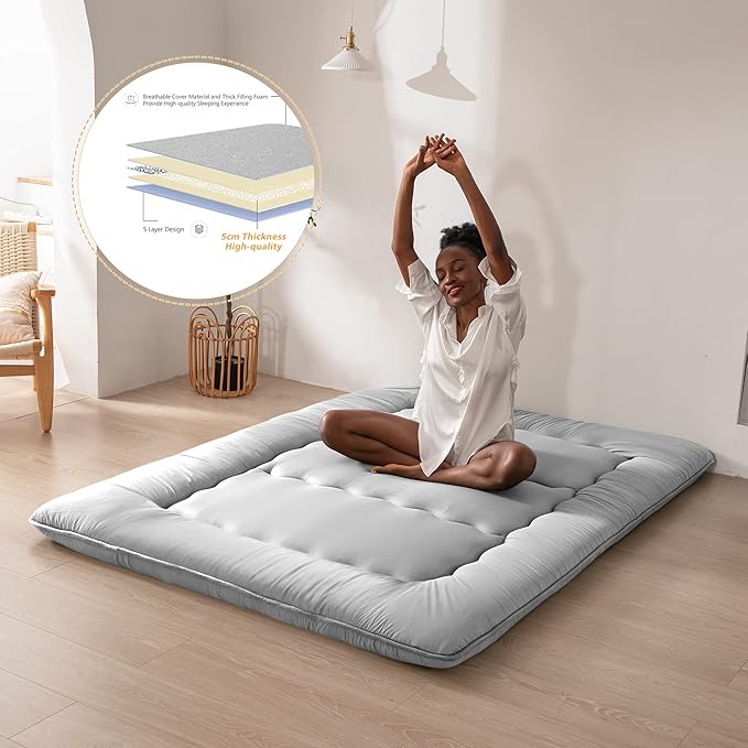 MAXYOYO Japanese Floor Mattress Futon Mattress, 4" Thicken Tatami Mat Sleeping Pad Foldable Roll Up Mat Boys Girls Dormitory Pad Kids Floor Lounger Pillow Bed, Charcoal Grey, Queen Size