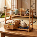 Tea Matcha Coffee Bamboo Station with Drawer for Kitchen and Office | countertop tidying, two-tier design, easy to clean, requires no complicated assembly, multi-scene use, tea drawer