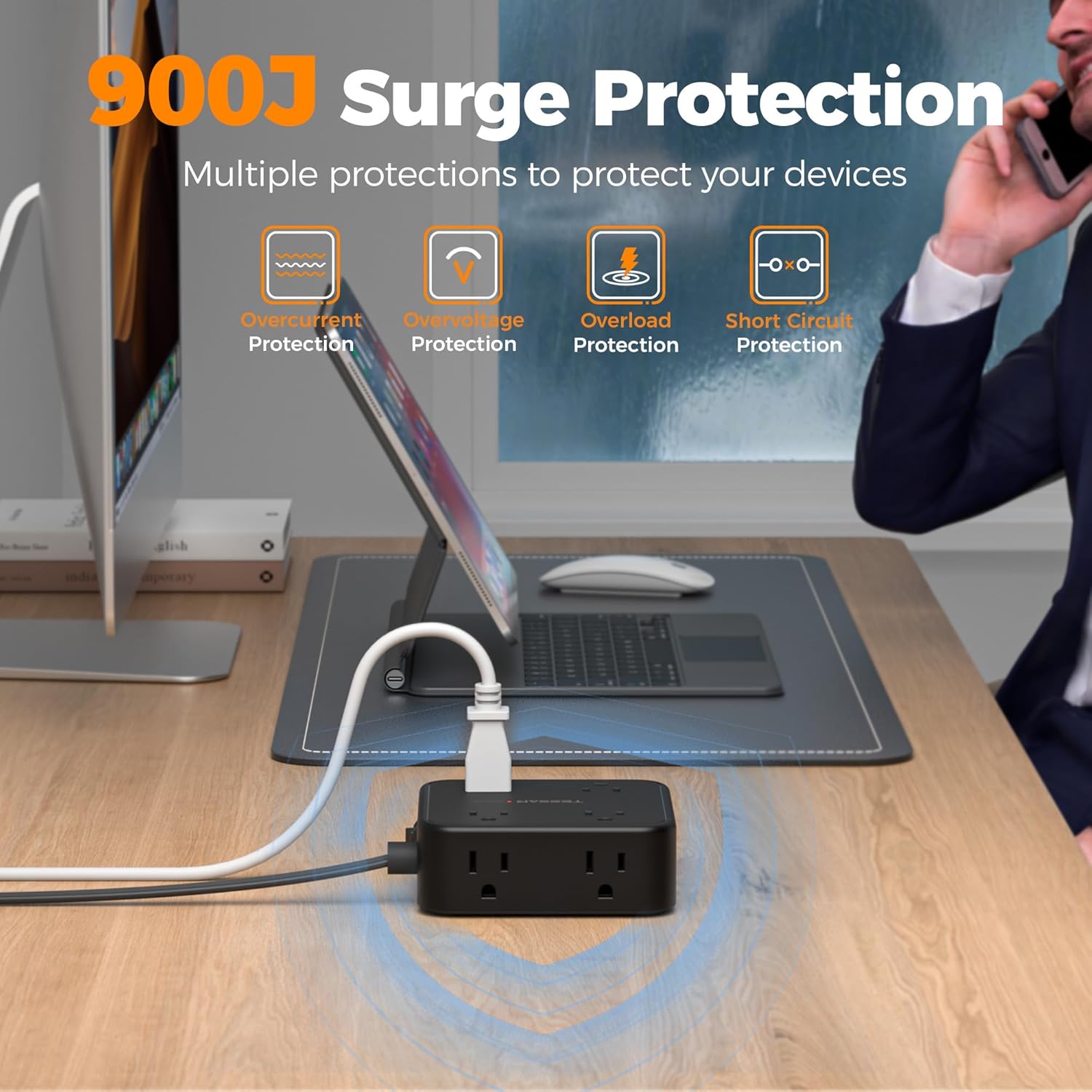 TESSAN Surge Protector Power Strip Black, 5 Ft Flat Plug Extension Cord with 3 USB (1 USB C) 8 Outlets, 900J Surge Protection, 3 Sided Outlet Extender with Power Switch for Office, Dorm Room