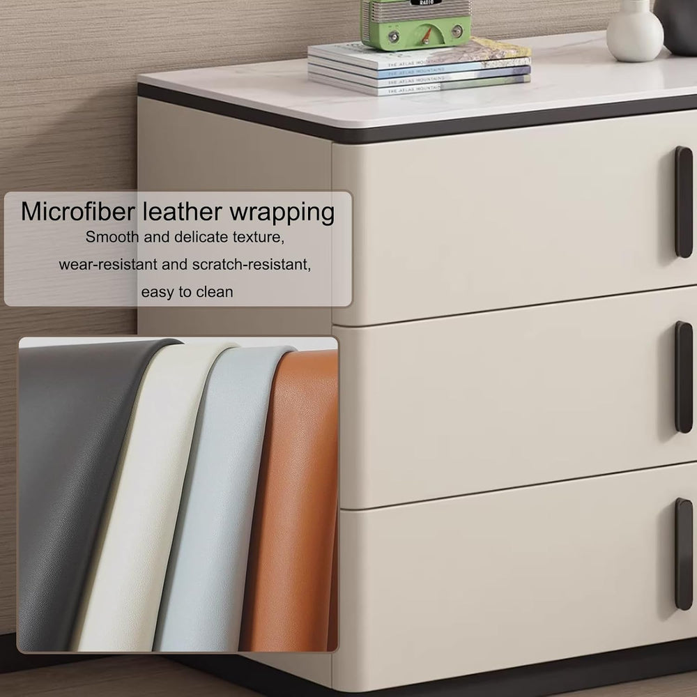 3 Drawer Nightstand, Rock Board Bed end Side Table Cabinet, Bedside Desk Leat...
