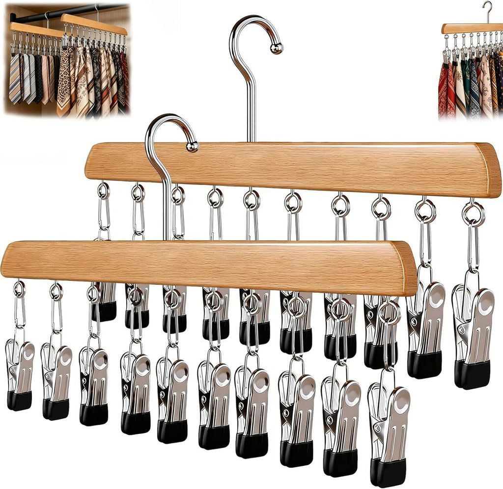 Closet Organizer with 10 Clips, 2 Pack Wooden Hanging Storage Hanger, Space Saving Multifunctional Rack for Ties, Scarves, Hats & Small Accessories