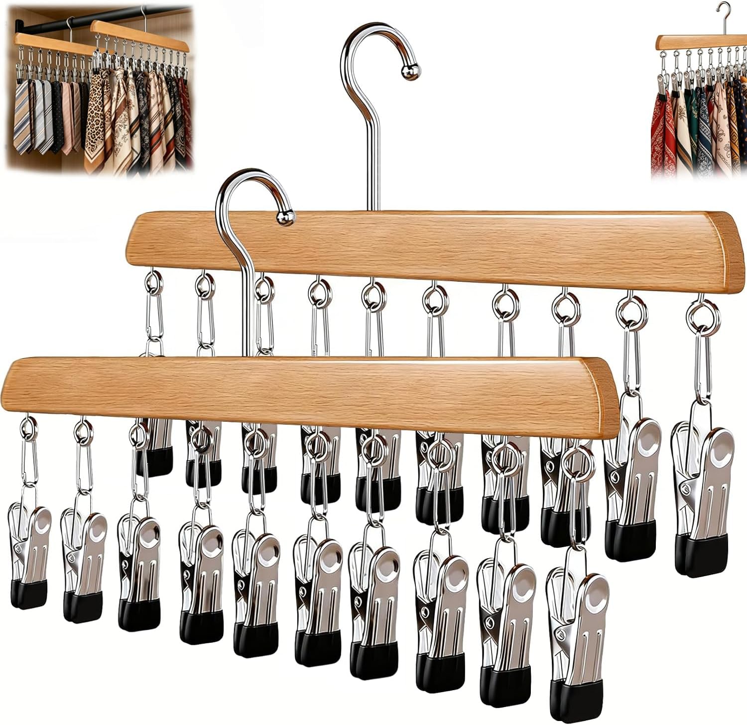 Closet Organizer with 10 Clips, 2 Pack Wooden Hanging Storage Hanger, Space Saving Multifunctional Rack for Ties, Scarves, Hats & Small Accessories