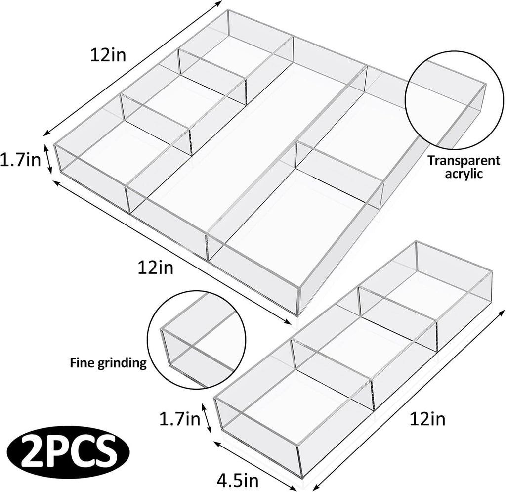 Chunful Clear Drawer Organizer 2 Pieces 6 Section Clear Desk Organizer with Dividers 3 Section Acrylic Makeup Tray Divided Drawer Inserts Sectioned Tray Makeup Storage