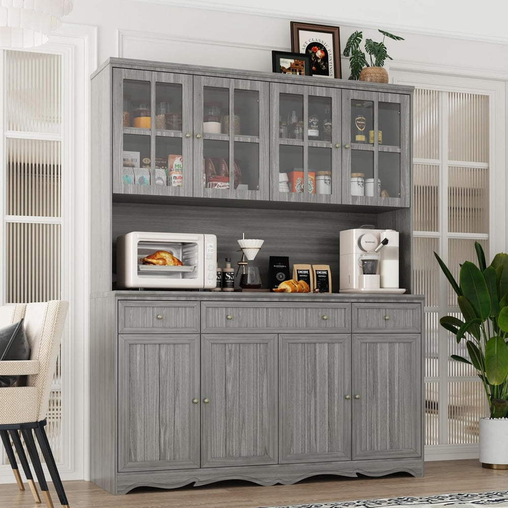 Kitchen Pantry Cabinet with Glass Doors and 3 Drawers, Tall Freestanding Stor...