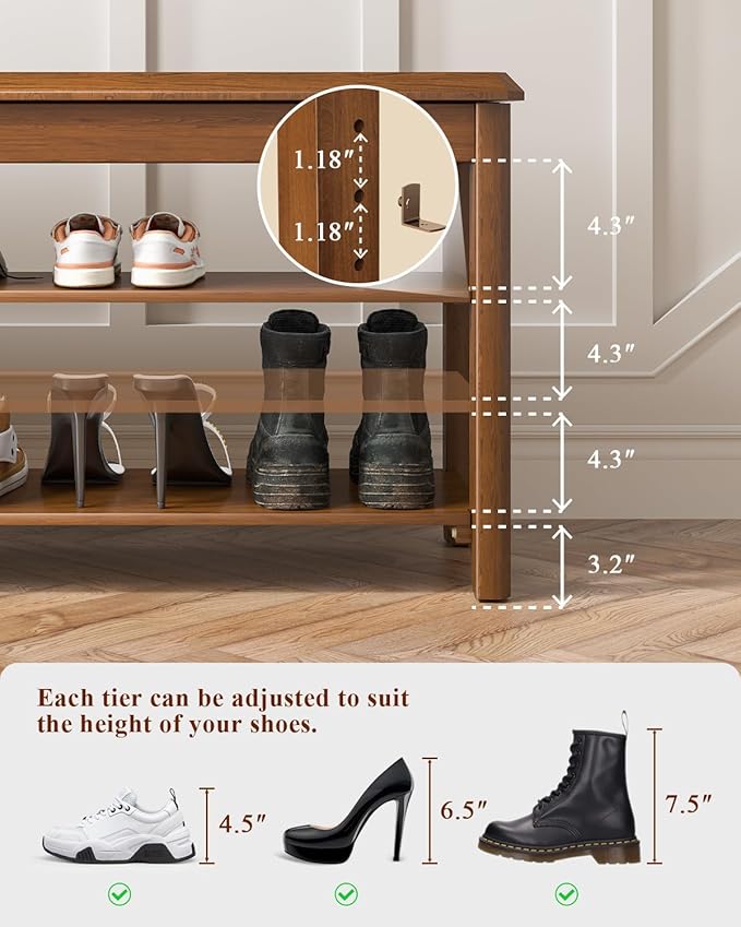 Shoe Rack Bench Seat Rubberwood 3-Tier Wooden Storage Bench 550lbs Compact Mi...