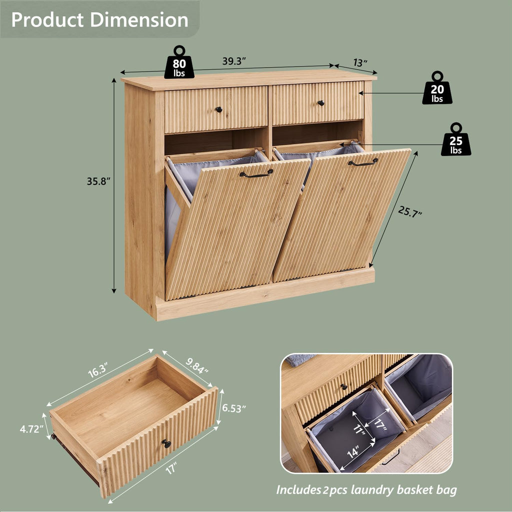Modern Double Tilt-Out Laundry Hamper Cabinet, 20 Gallon Fluted Trash Can Cabinet with 2 Drawers, Wooden Hidden Garbage Can Cabinets with Laundry Basket, for Bathroom and Kitchen, Natural Oak