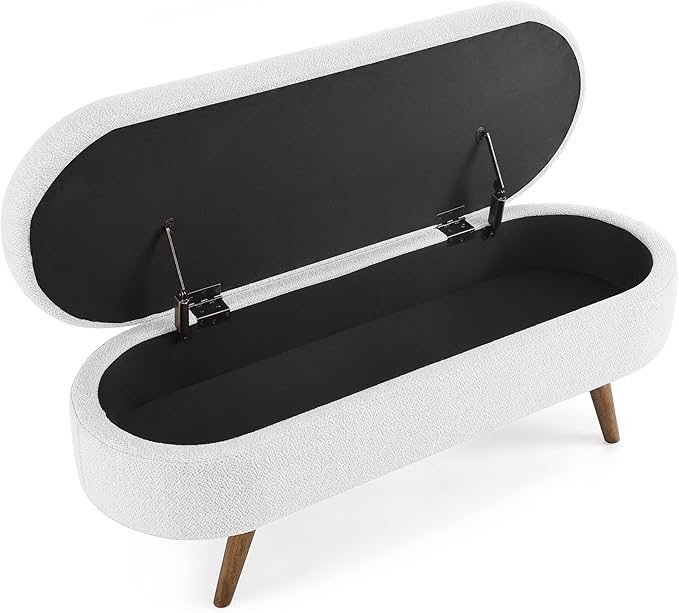 Ottoman Oval Storage Bench with Rubber Wood Legs,Linen Fabric Storage Footstool,for Bedroom, Entryway, Living Room, White(43.5"x16"x16")