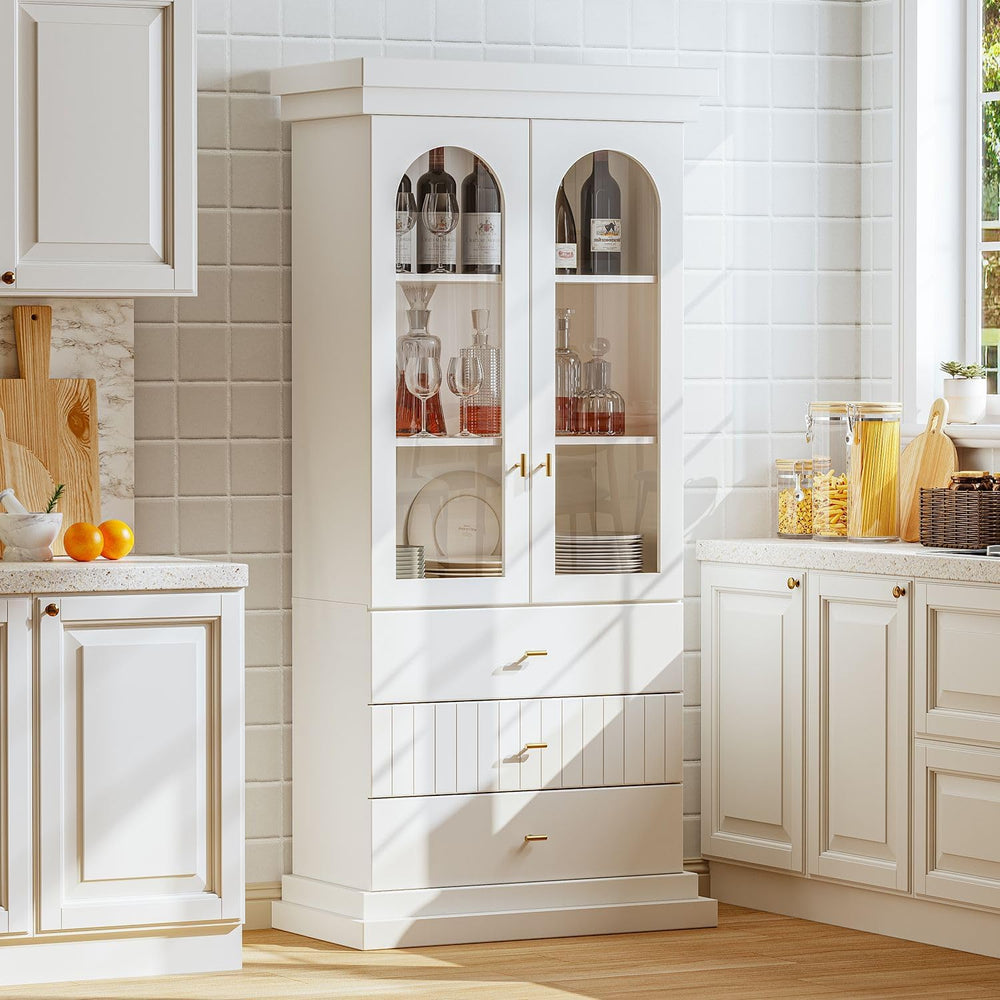 Vyre 71" Arched Kitchen Cabinet with Glass Doors, Tall Display and Stora...