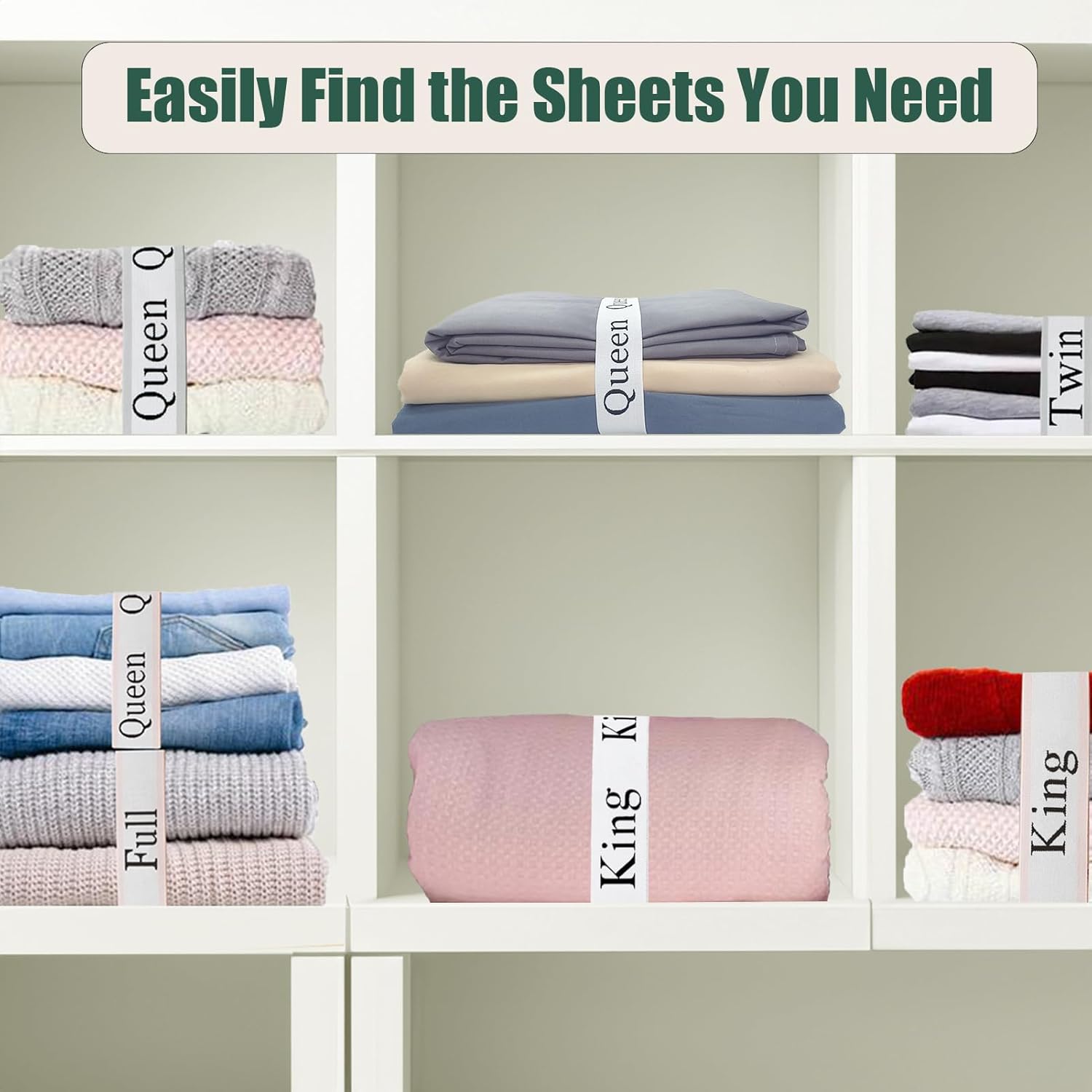 24 Pieces Bed Sheet Organizer Bands, Closet Organization Sheet Straps, Linen Labels Bedding Bands, Elastic Bed Sheet Storage Sheet Keepers （6PcsQueen 6PcsKing 6PcsTwin 6PcsFull）