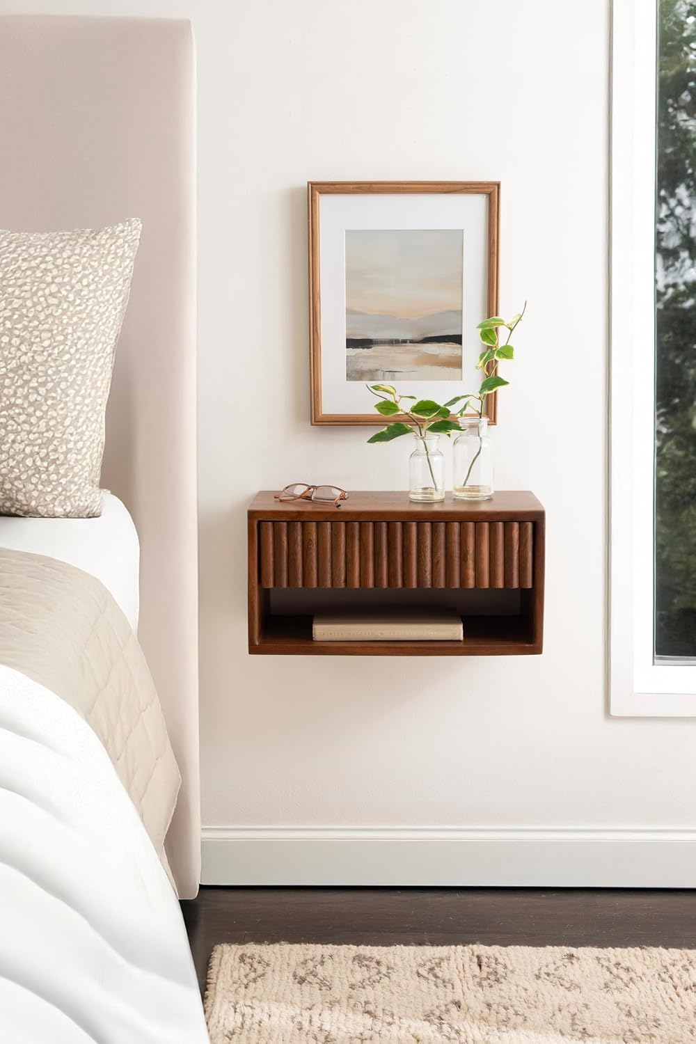 Kate and Laurel Reid Ribbed Wooden Tiered Floating Side Table, 18 x 10 x 9, W...