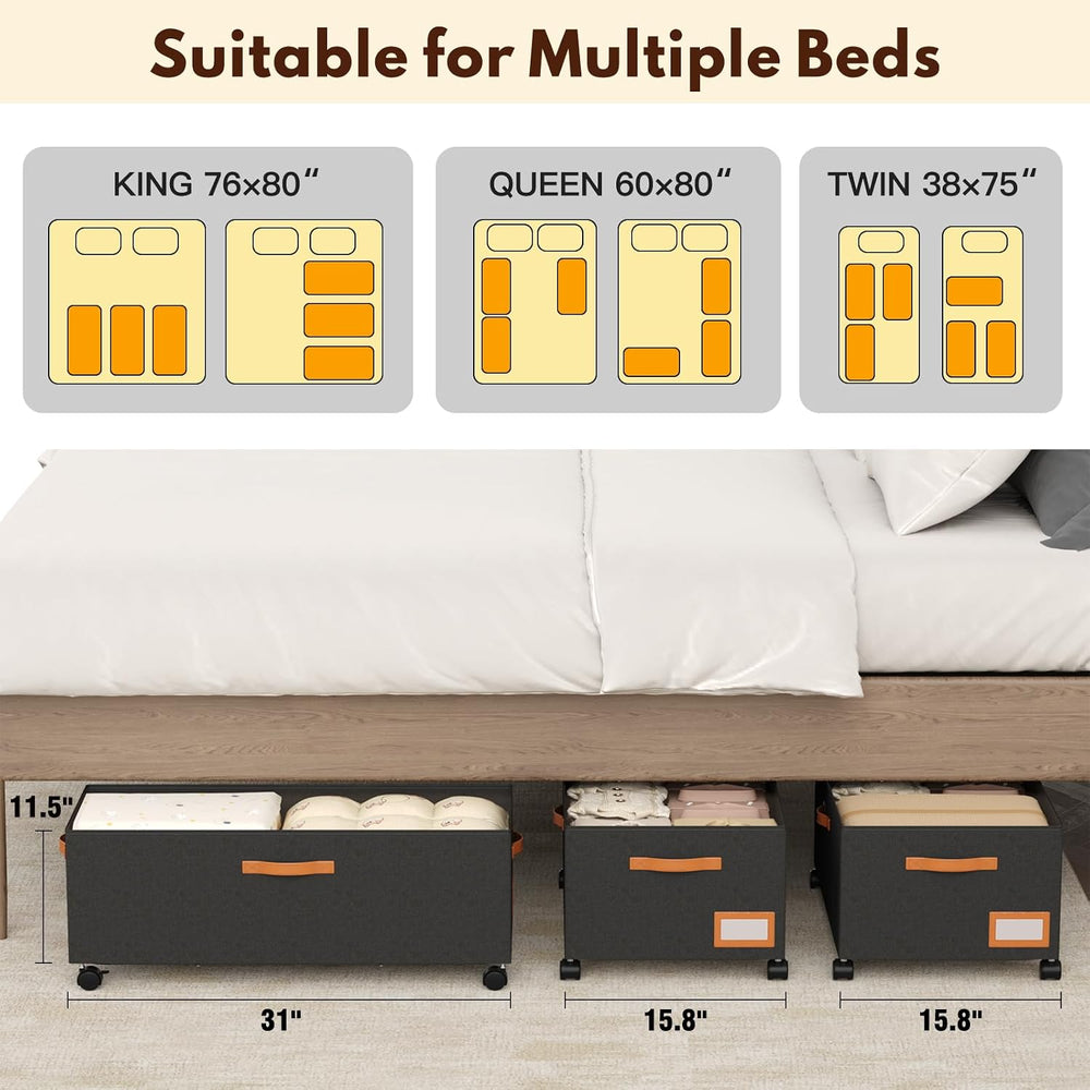 Under Bed Storage with Wheels, 12" Height Under Bed Storage Extra Deep U...
