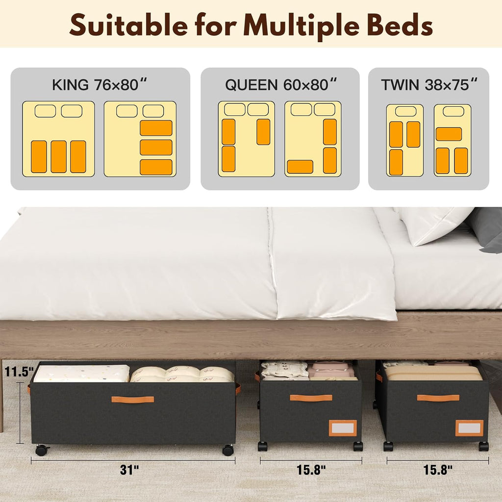 Under Bed Storage with Wheels, 12" Height Under Bed Storage Extra Deep Under Bed Storage Containers, Perfect for 14'' Bed Frame, No Assemble Metal Rolling Underbed Storage for Clothes Shoes Blankets