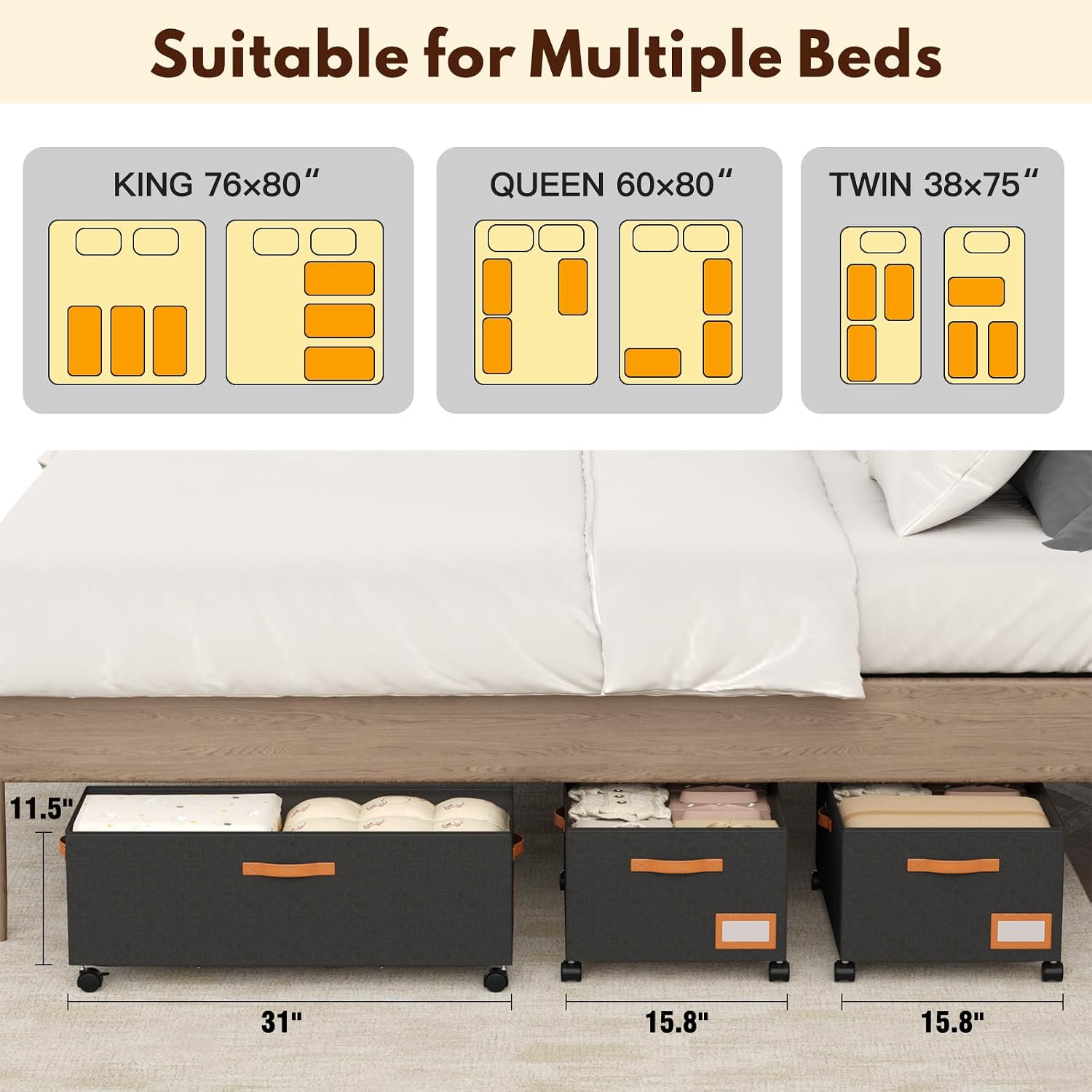Under Bed Storage with Wheels, 12" Height Under Bed Storage Extra Deep Under Bed Storage Containers, Perfect for 14'' Bed Frame, No Assemble Metal Rolling Underbed Storage for Clothes Shoes Blankets