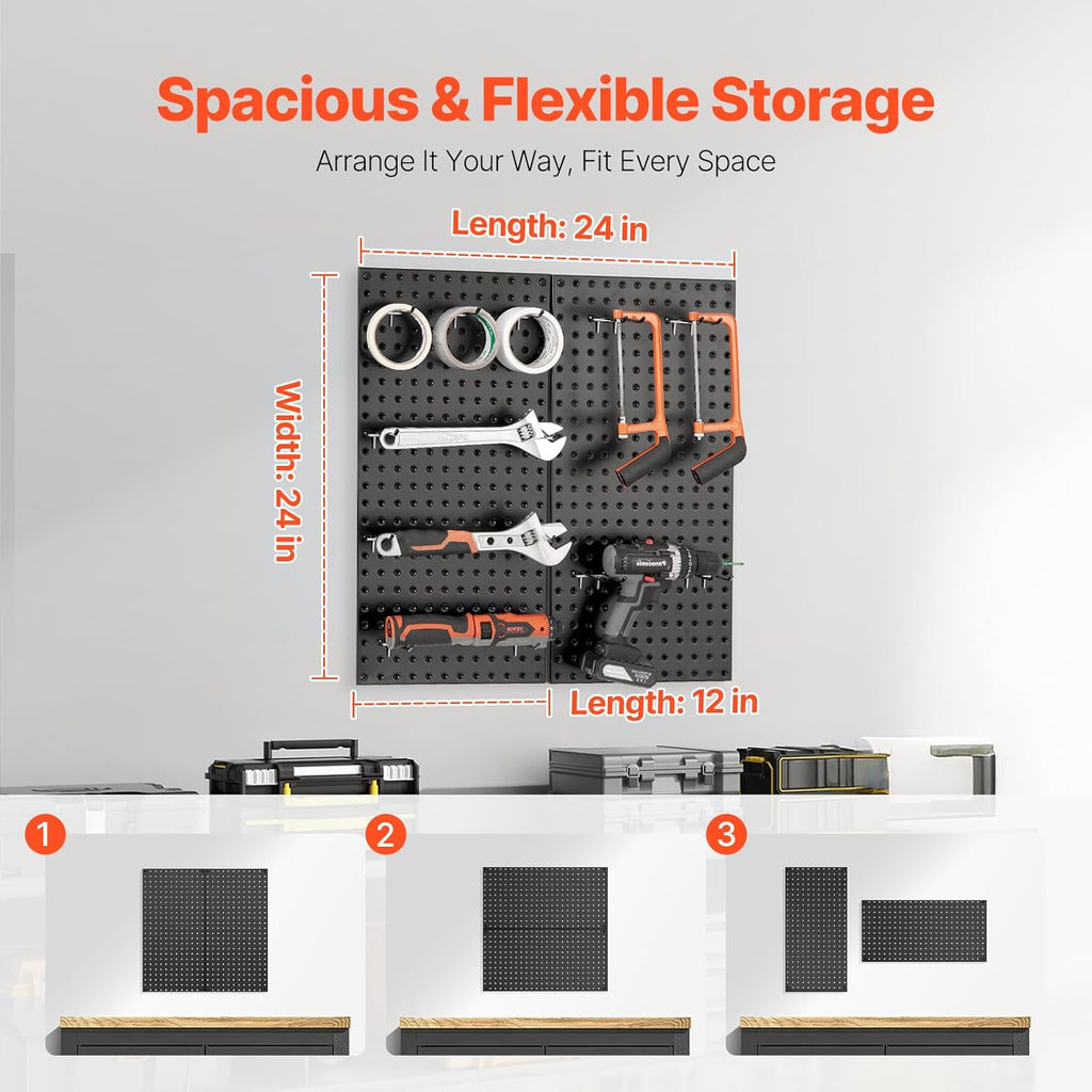 VEVOR Metal Pegboard Panels, 24" x 12" Pegboard, 2 Panels, Heavy Duty Peg Board Wall Organizer with Accessories, for Living Room Garage Tool Storage Office Organization Craft Room Kitchen Home, Black