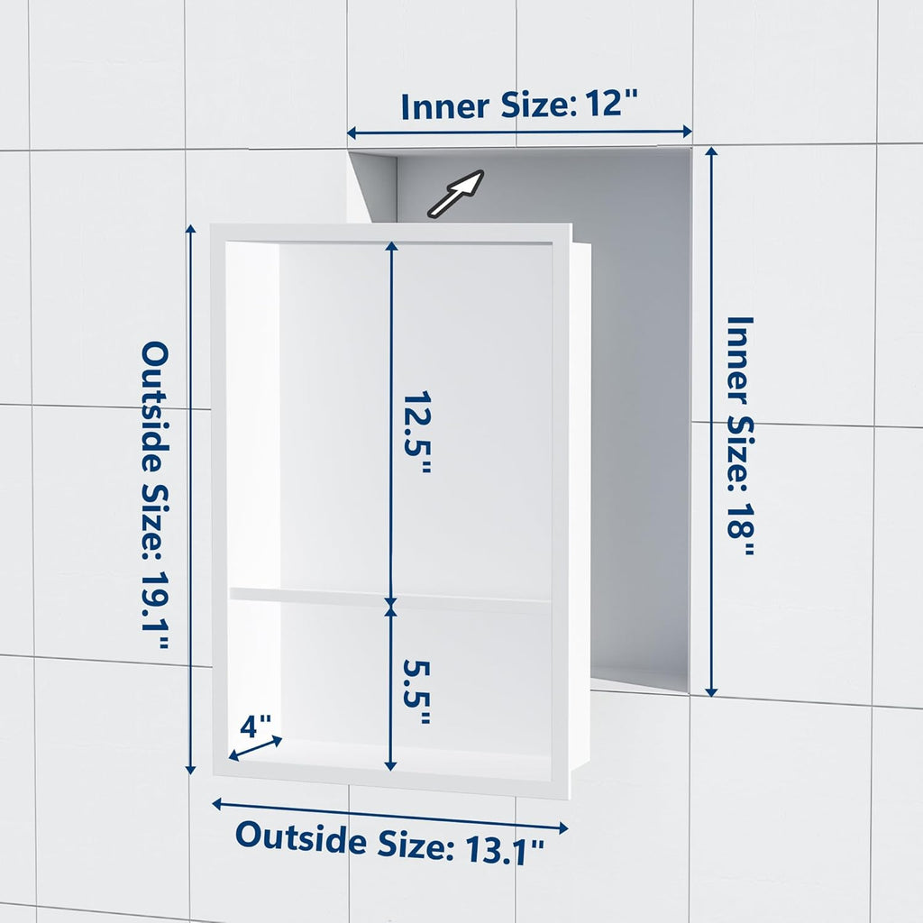 Stainless Steel Shower Niche 18" X 12", No Tile Needed Wall Niche Double Shelves, Recessed Shower Shelf for Bathroom Storage, Matte White