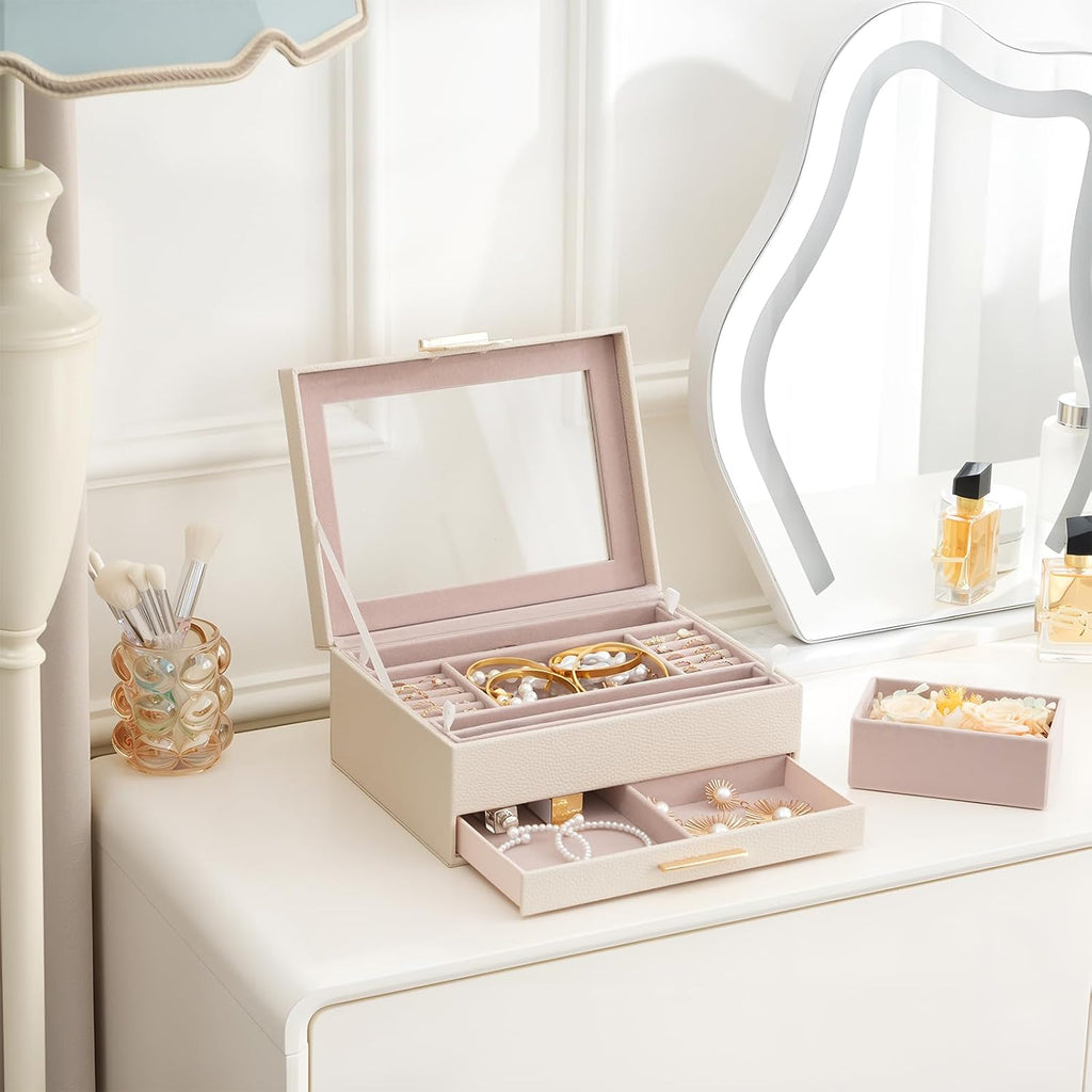 Lolalet Jewelry Organizer with Glass Lid, 2-Layer Jewelry Box Case with Drawer, Earrings Watch Ring Display Storage -Beige