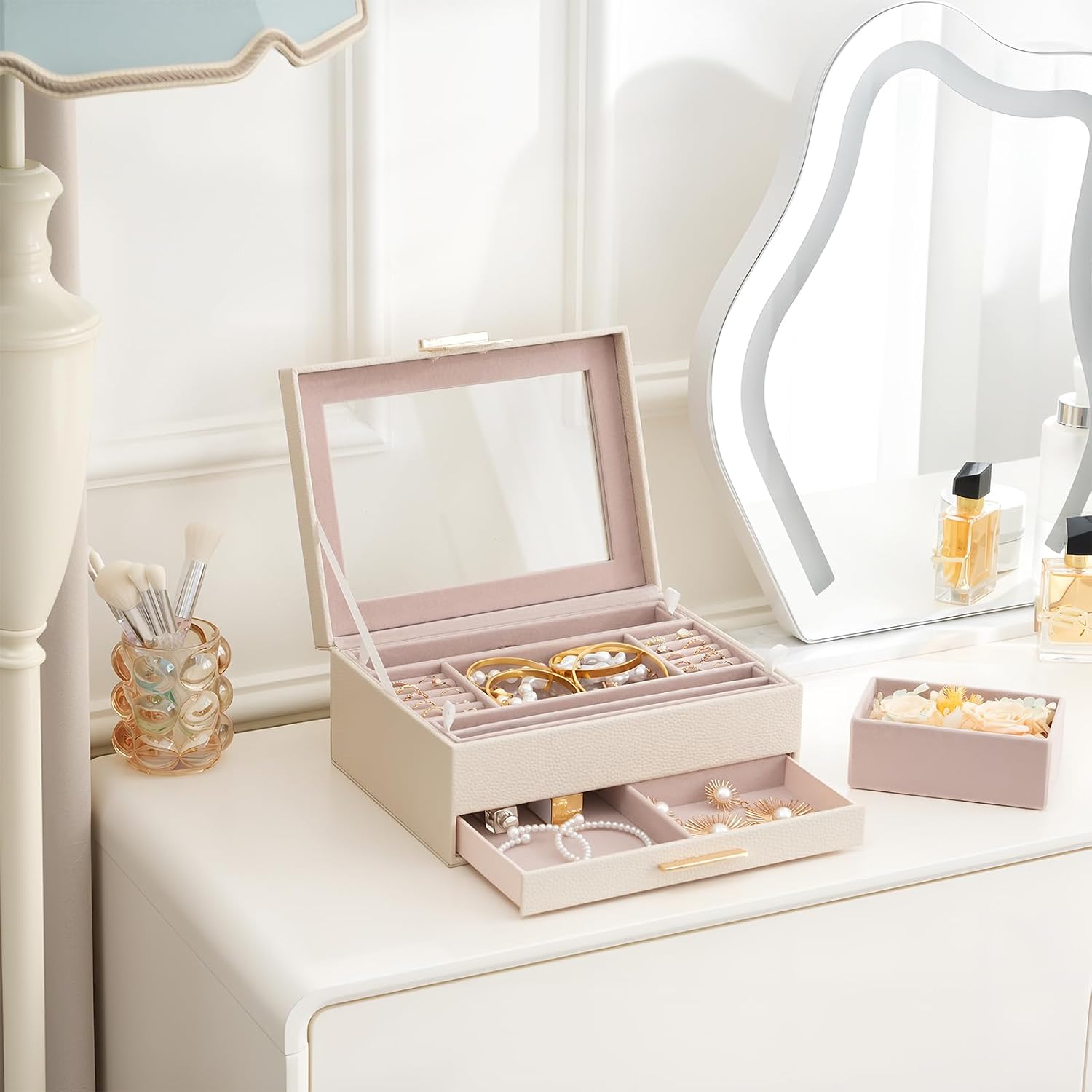 Lolalet Jewelry Organizer with Glass Lid, 2-Layer Jewelry Box Case with Drawer, Earrings Watch Ring Display Storage -Beige
