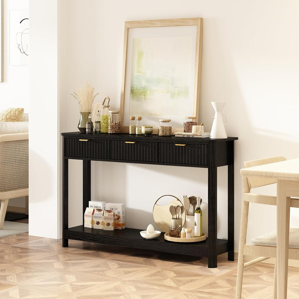 RUSTOWN Fluted Wood Console Table with 3 Drawers, Boho Narrow Behind Couch En...