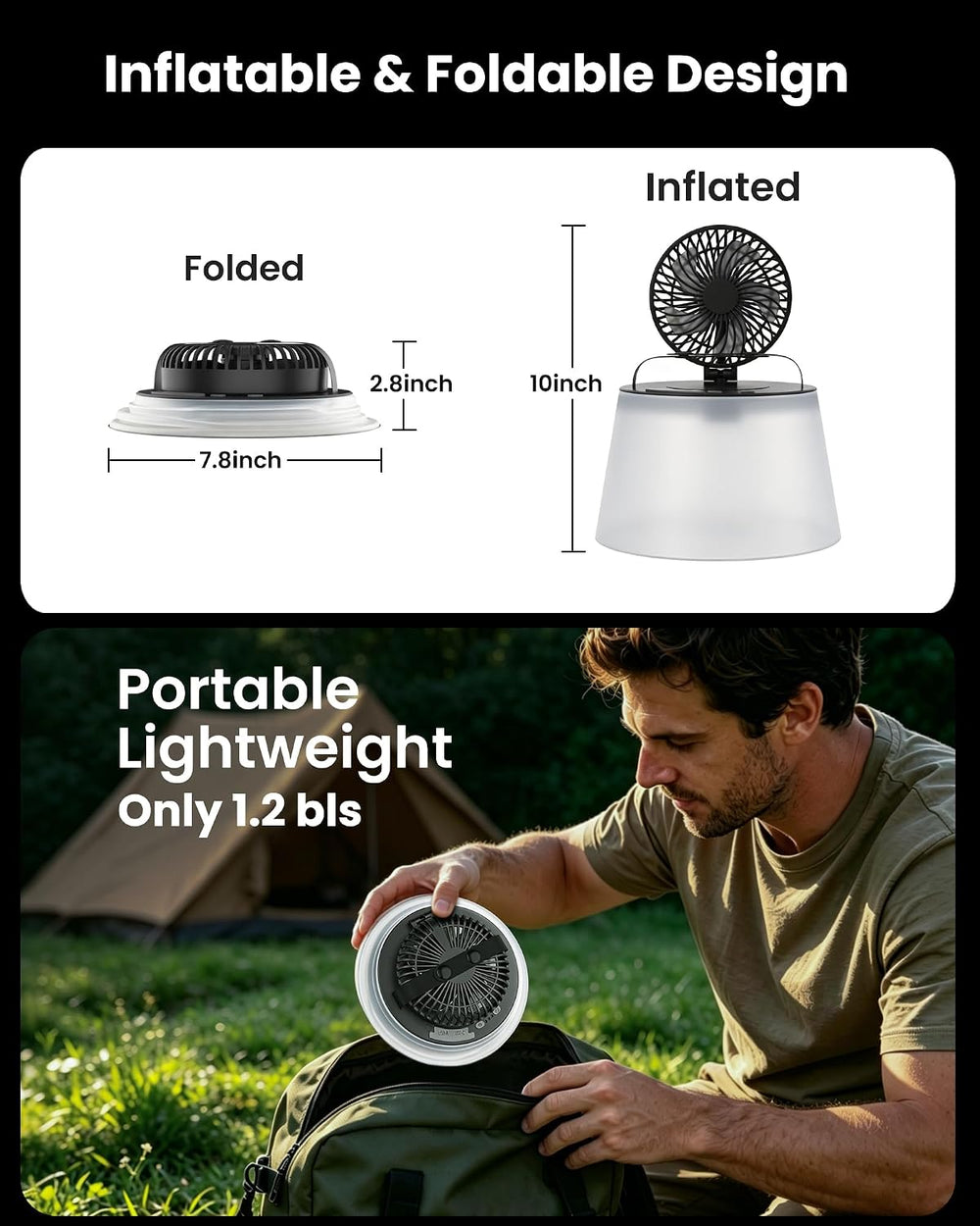 3 in 1 Portable Camping Lantern with Fan USB Rechargeable for Outdoor