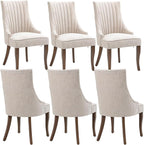 mikibama Linen Dining Chairs Set of 6 Channel Tufted Kitchen Dinner Chair Comfy Fabric Upholstered Accent Chair for Dining Room with Solid Wood Legs (Beige 6pc)