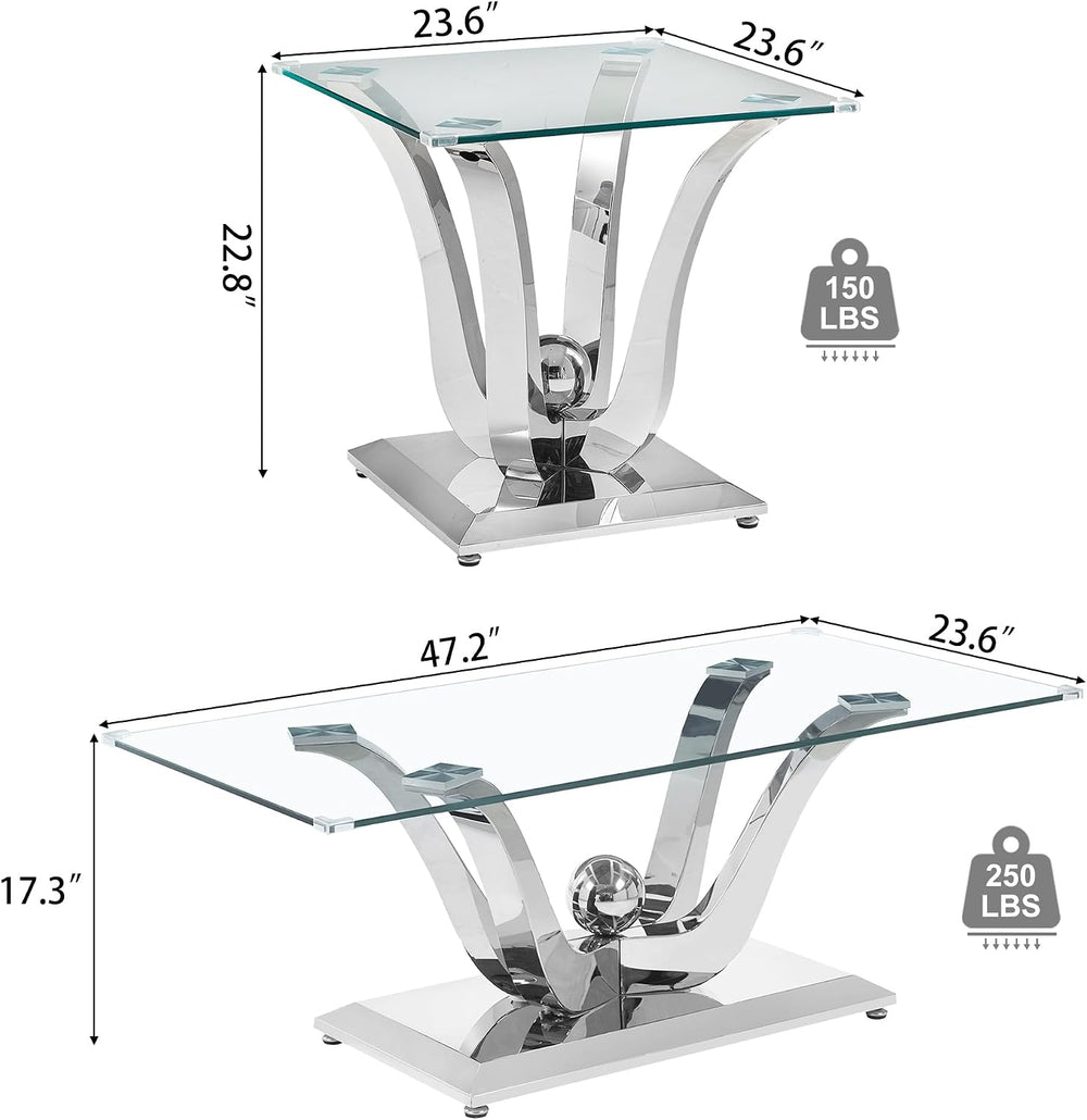 Rectangular Glass Coffee Table Set of 3- Modern Center and 2 End Tables, Clea...