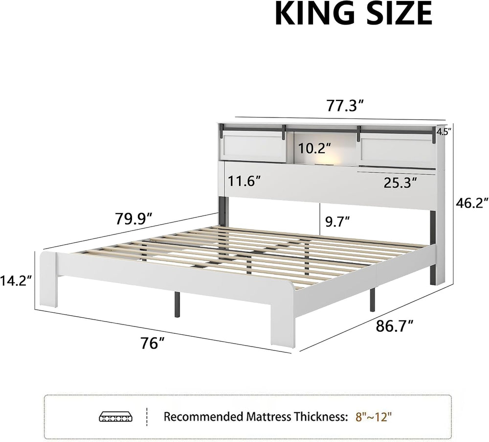 Peanu King Bed Frame, Charging Station, White Metal Storage Headboard