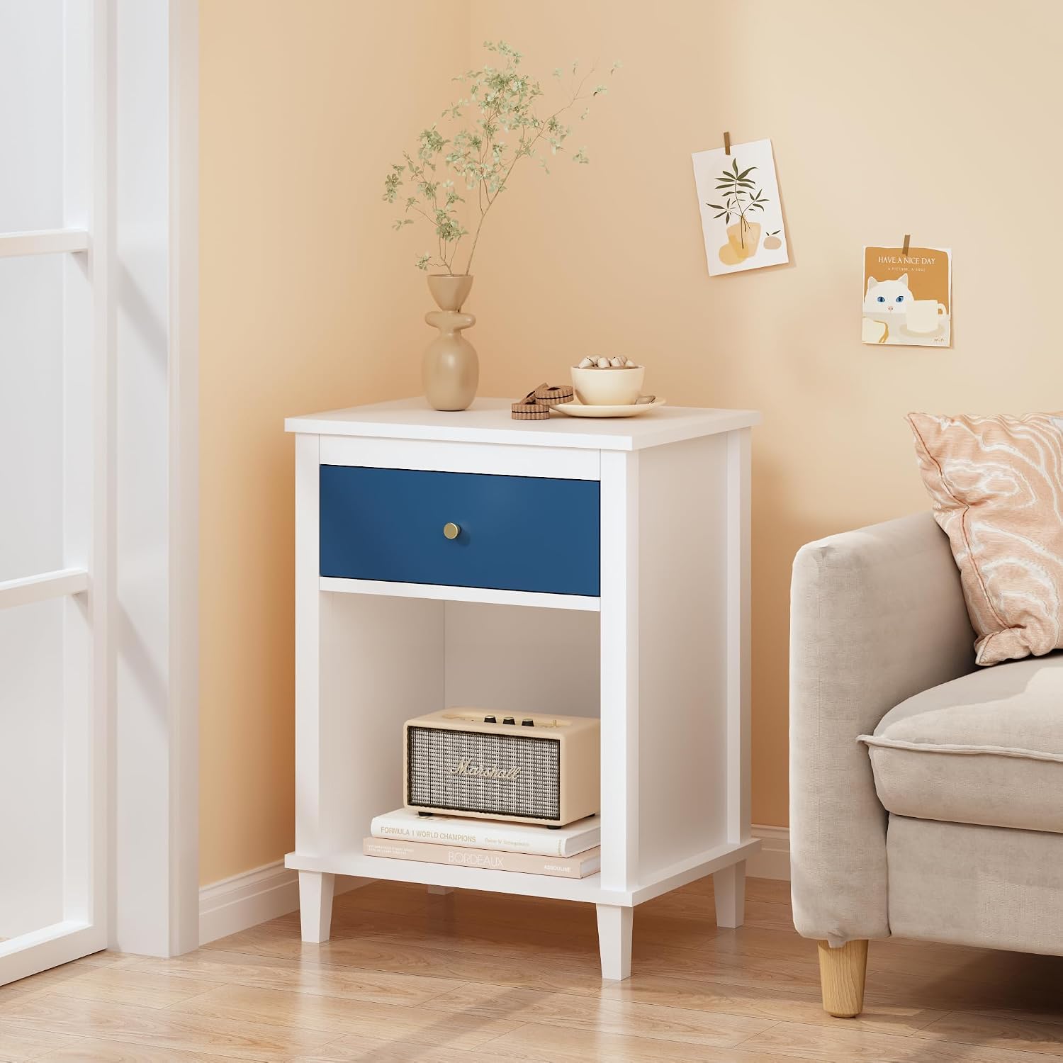 Kids Nightstand with Drawer and Shelf, Wood Bedside Table, Navy Blue | Kids nightstand with drawer and open shelf keeps books, toys, and bedtime essentials organized and within easy reach.
