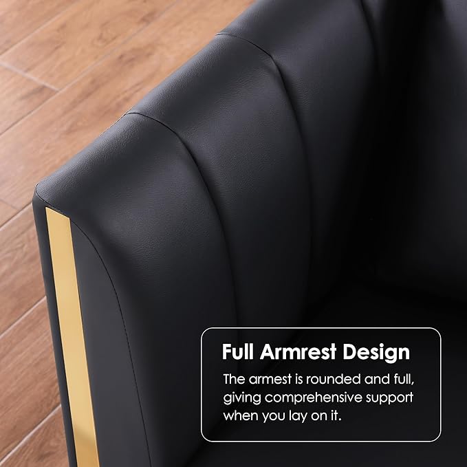 FOTOSOK Black Leather Couch Sofa, Office Couches for Living Room, 78'' Apartment Faux Leather Sofa with 2 Throw Pillows and Gold Metal Legs, Waterproof 3 Seater Couches for Small Living Room