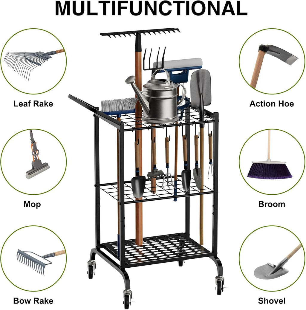 Garden Tool Organizer with Wheels, Yard Tool Tower Rack for Garage Organization and Storage, Up to 35 Long-Handled Tools,Metal Tool Holder with 6 Hooks, Black