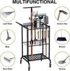 Garden Tool Organizer with Wheels, Yard Tool Tower Rack for Garage Organization and Storage, Up to 35 Long-Handled Tools,Metal Tool Holder with 6 Hooks, Black