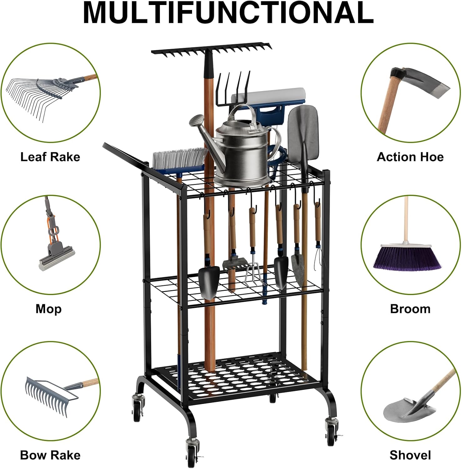Garden Tool Organizer with Wheels, Yard Tool Tower Rack for Garage Organization and Storage, Up to 35 Long-Handled Tools,Metal Tool Holder with 6 Hooks, Black
