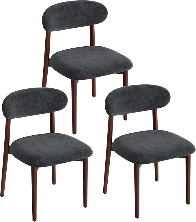 Wooden Dining Chair Set of 3, Modern Dining Chairs with with Curved Back, Fabric Upholstered Kitchen Dining Room Chairs with Adjustable Legs for Farmhouse Dining Living Room,Dark Grey