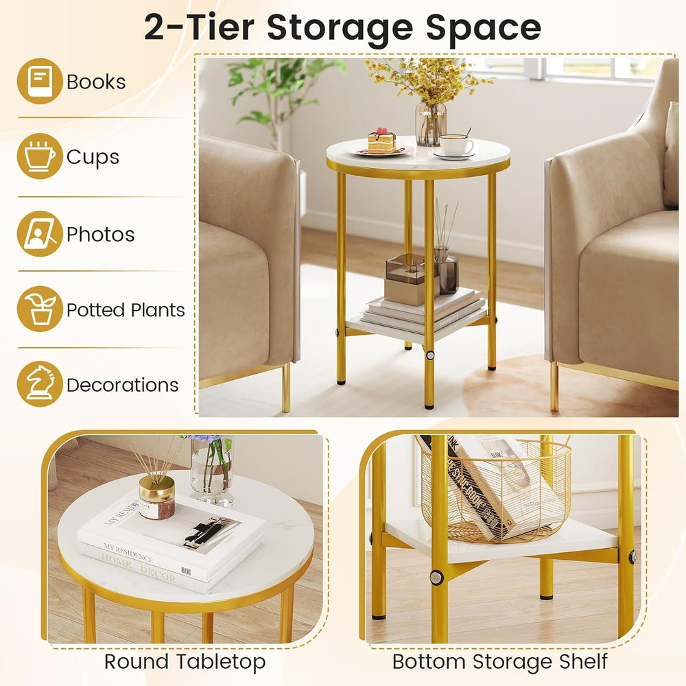 Giantex Round Side Table Set of 2, 2-Tier Faux Marble Bedside Night Stand w/M...