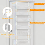 Over the Door Organizer, 2 in 1 Metal Hanging Closet Organizer & Hat Rack with 4 Adjustable Baskets, 8 Hooks, 10 Clips, Behind The Door Storage for Bedroom, Bathroom, Entrance, Closet, Kitchen, White