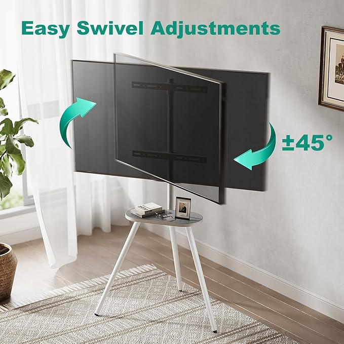 Tripod Easel TV Stand for 43 to 65 Inch LCD Led Screen, Height Adjustable and Swievel TV Stand, Portable TV Floor Stand with Wooden Tray for Bedroom, Living Room, Studio, Metal White.