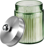 Amolliar Sage Green Glass Apothecary Jar, Qtip Holder Metal Lid & Sticker, Bathroom Qtip Dispenser Storage Canister, Perfect for Cotton Balls, Swabs, Round Pads, Bath Salt, Floss,Brushed Nickel 1 Pack