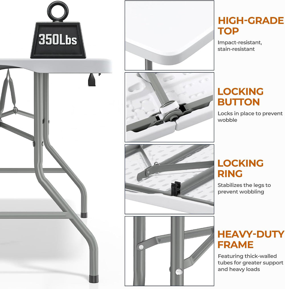 SKONYON 6ft Folding Table Heavy Duty 350 LBS Foldable Table with 18% Thicker ...