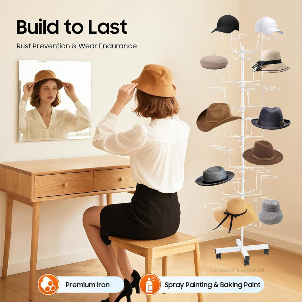 7-Tier Freestanding Hat Rack, 35 Hooks Rotating Hat Display Stand with Wheels, White Metal Hat Holder Organizer for Retail Stores, Home, Hotels Use