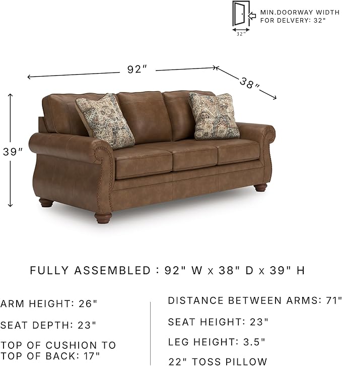 Signature Design by Ashley Shadsburne Rustic Faux Leather Sofa with Nailhead Trim and 2 Throw Pillows, Brown